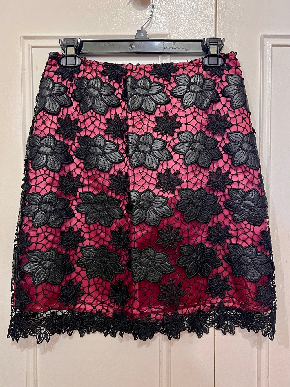 Maria Grazia Severi Black Floral Lace Overlay Mini Skirt with Pink Lining